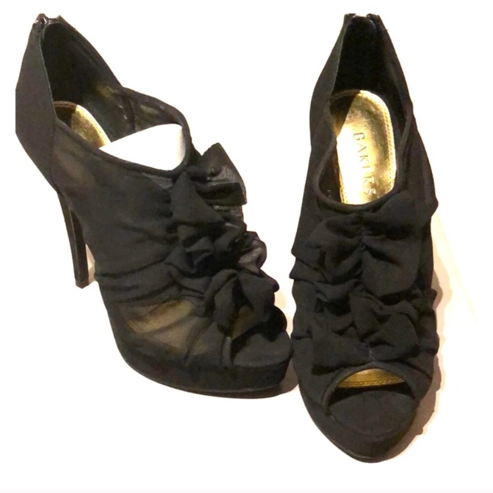 Black ruffle mesh heels
